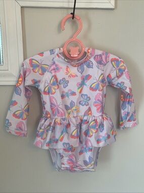 Wave Zone Baby Girls One Piece Long Sleeved Swimsuit Butterfly Ruffle Size 6-9 M
